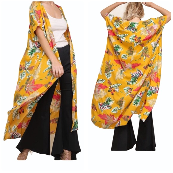 NWT UMGEE Yellow Tropical Print Kimono Duster Short Sleeve Cardigan Small - Picture 3 of 10